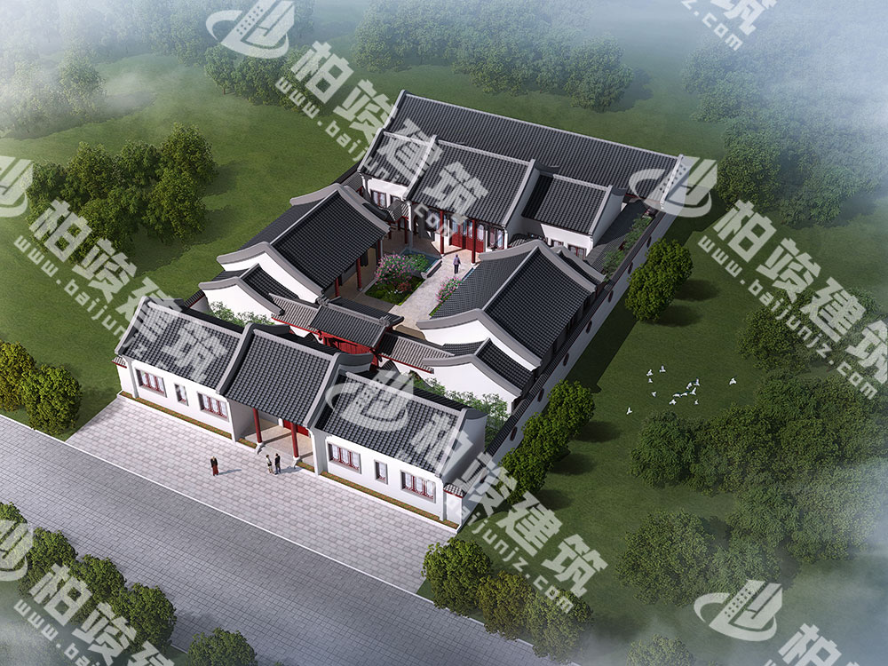 農(nóng)村自建四合院設(shè)計(jì)圖，三進(jìn)院落，占地1292㎡，內(nèi)部15室