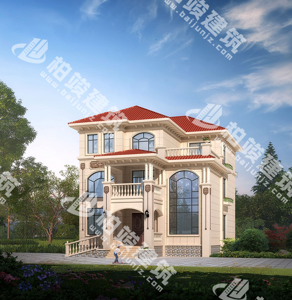 農(nóng)村三層別墅設(shè)計(jì)圖紙，簡歐風(fēng)格，帶雙層落地窗、輪椅坡道