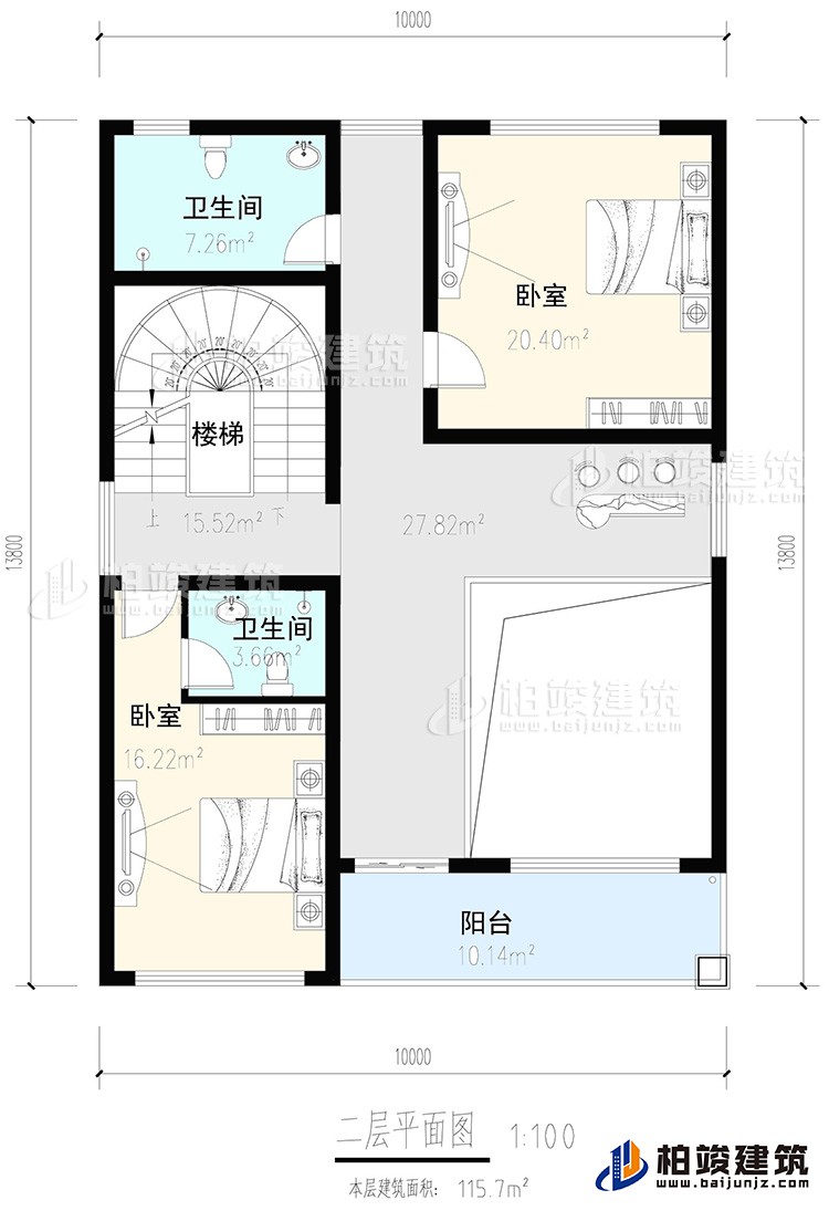 二層：2臥室，內(nèi)衛(wèi)，公衛(wèi)，樓梯，陽臺