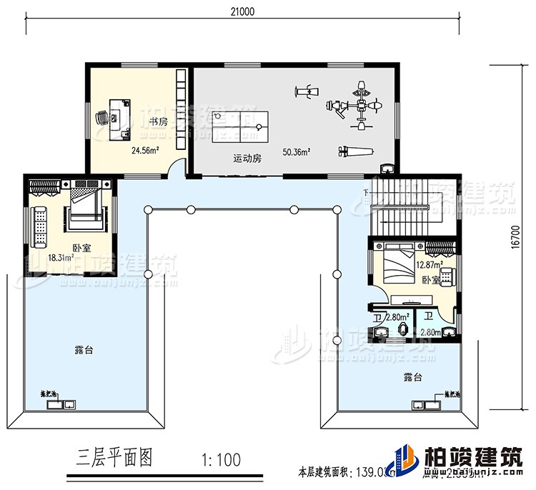 三層：書(shū)房，運(yùn)動(dòng)房，2臥室，2衛(wèi)生間，露臺(tái)