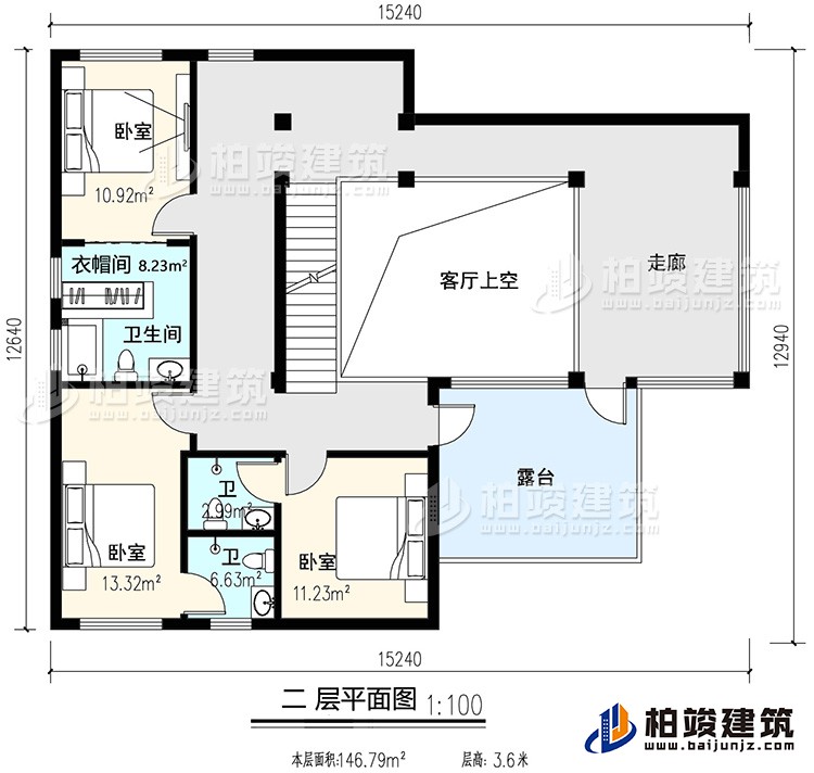 二層：3臥室，內衛(wèi)，公衛(wèi)，起居室，樓梯，陽臺，露臺，書房