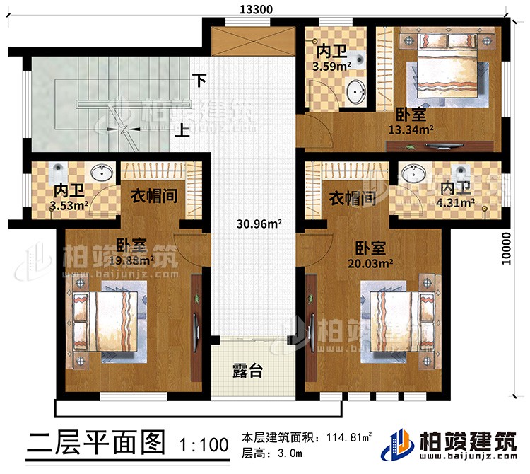 二層：3臥室、2衣帽間、3內(nèi)衛(wèi)、露臺