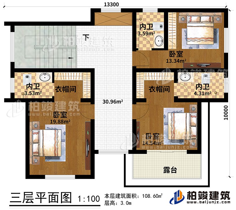 三層：3臥室、2衣帽間、3內(nèi)衛(wèi)、露臺