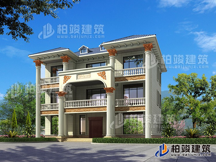 新農(nóng)村私人三層別墅建筑設(shè)計(jì)施工圖，全套別墅設(shè)計(jì)圖紙BZ372-簡歐風(fēng)格