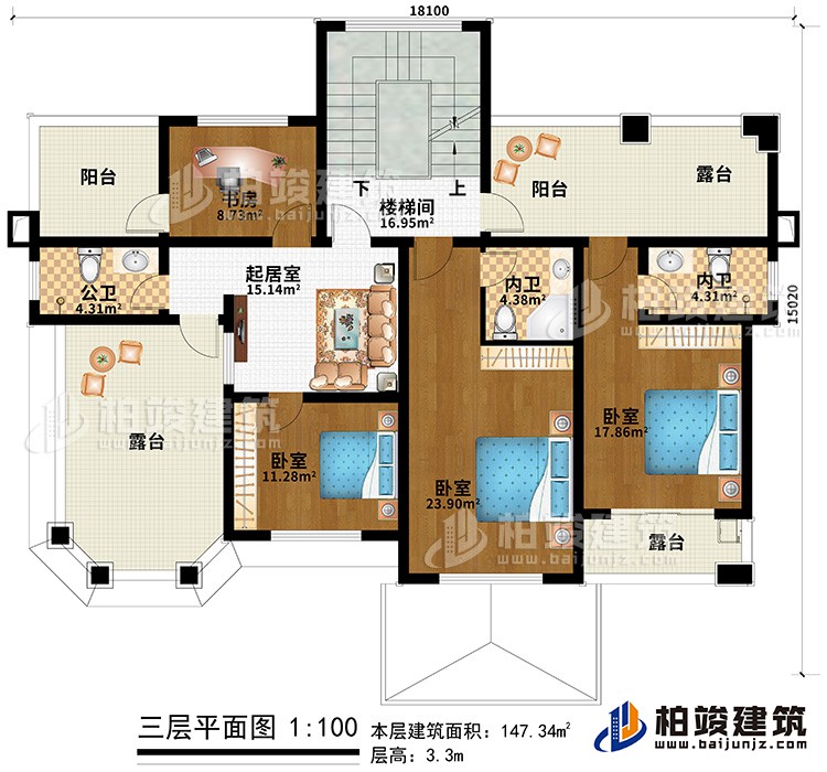 三層：3臥室、2內(nèi)衛(wèi)、公衛(wèi)、書(shū)房、樓梯間、2陽(yáng)臺(tái)、3露臺(tái)、起居室