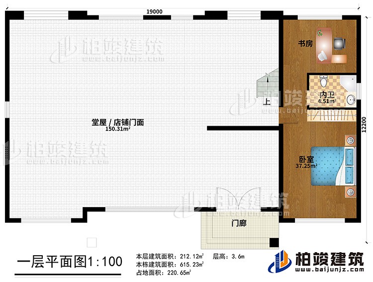 一層：門(mén)廊、堂屋/店鋪門(mén)面、臥室、書(shū)房、內(nèi)衛(wèi)