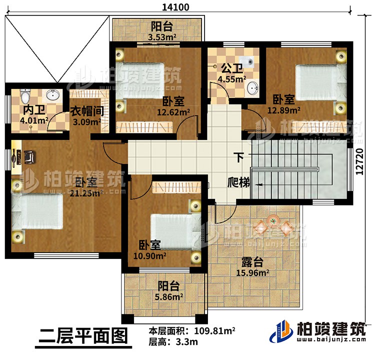 二層：4臥室，公衛(wèi)，內(nèi)衛(wèi)，2陽臺，露臺