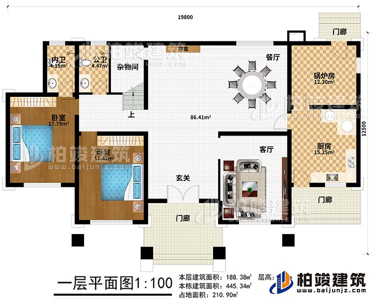 一層：3門廊、玄關(guān)、客廳、廚房、鍋爐房、2臥室、餐廳、神龕、雜物間、公衛(wèi)、內(nèi)衛(wèi)