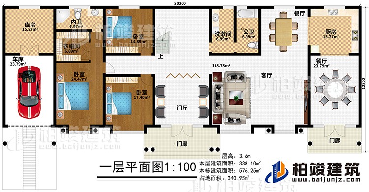 一層：2門廊、門廳、客廳、2餐廳、廚房、公衛(wèi)、洗漱間、3臥室、衣帽間、內(nèi)衛(wèi)、庫房、車庫