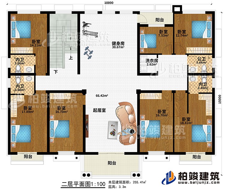 二層：7臥室、起居室、健身房、3內(nèi)衛(wèi)、公衛(wèi)、洗衣房、4陽(yáng)臺(tái)