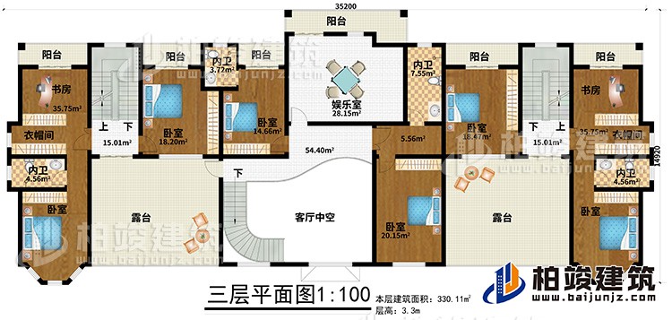 三層：6臥室、2衣帽間、2書房、4內(nèi)衛(wèi)、娛樂(lè)室、6陽(yáng)臺(tái)、2露臺(tái)、客廳中空