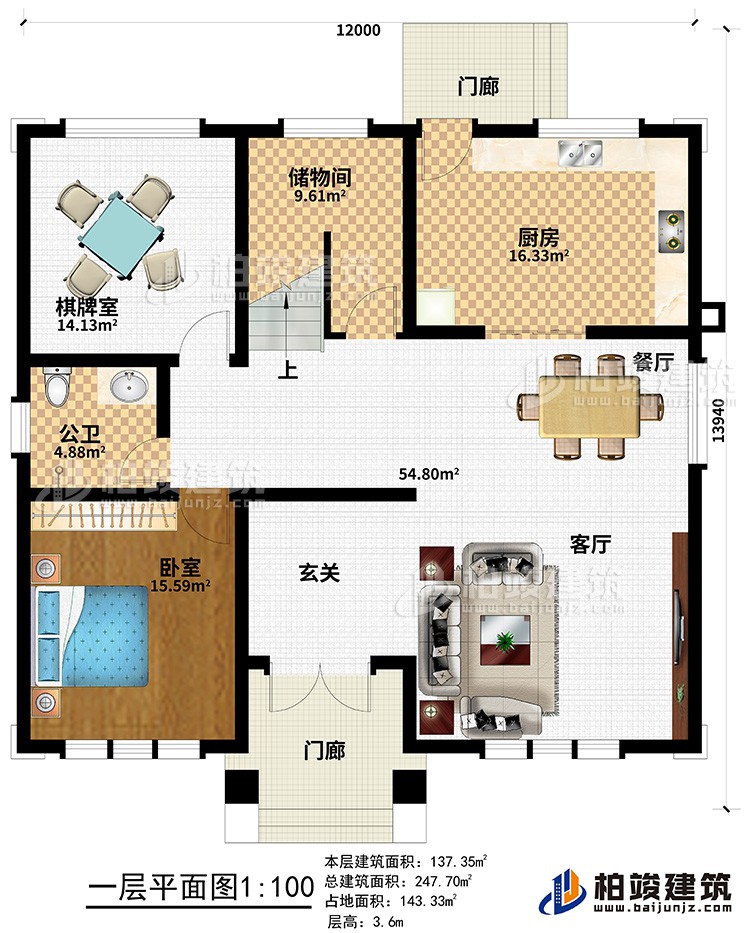 一層：2門廊、玄關、客廳、餐廳、廚房、儲物間、棋牌室、公衛(wèi)、臥室