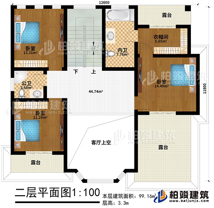 二層：3臥室，衣帽間、公衛(wèi)、內(nèi)衛(wèi)、3露臺(tái)、客廳上空