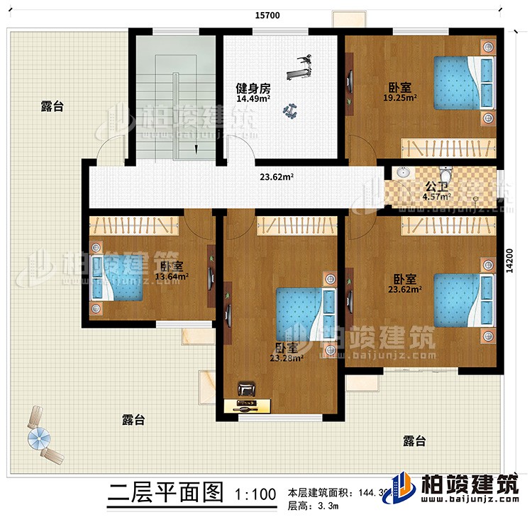 二層：4臥室，公衛(wèi)，健身房，露臺