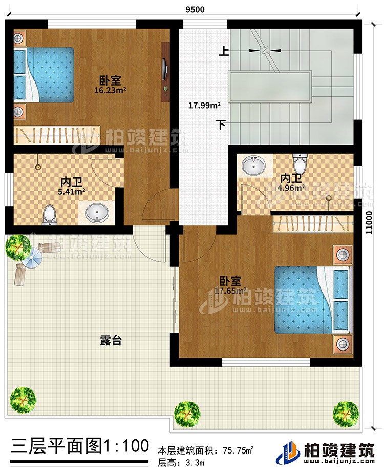三層：2臥室、2內(nèi)衛(wèi)、露臺