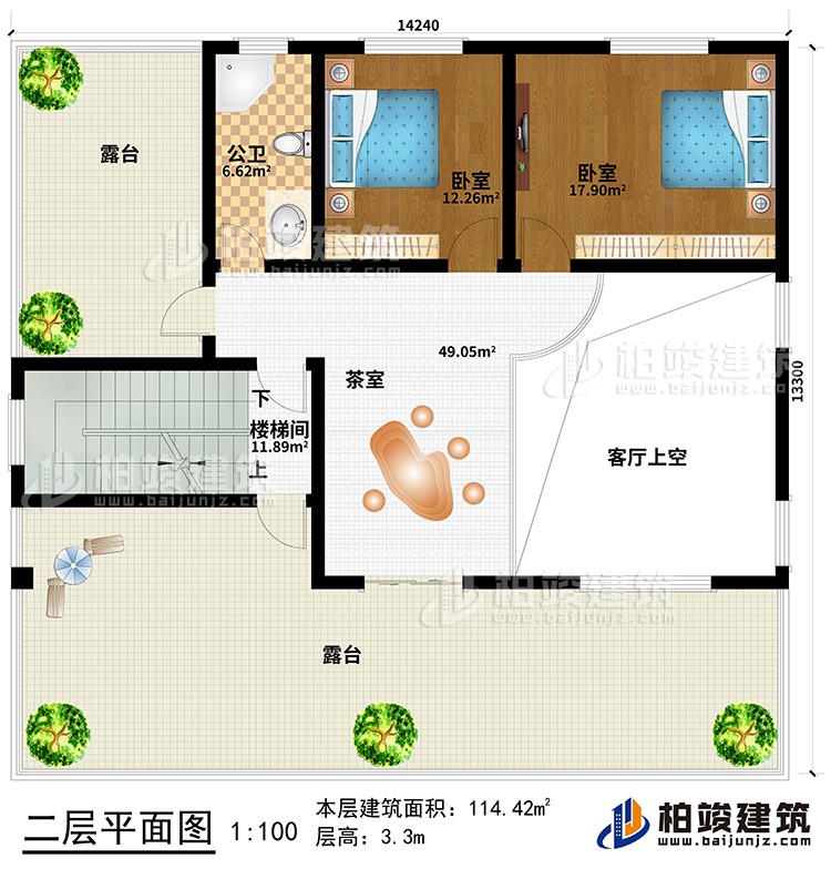 二層：客廳上空、茶室、樓梯間、2臥室、公衛(wèi)、2露臺