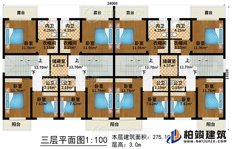 三層：12臥室、4公衛(wèi)、4內(nèi)衛(wèi)、2儲藏室、4衣帽間、3陽臺、4露臺