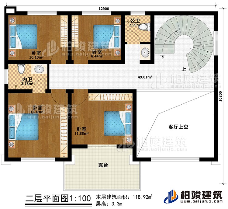 二層：4臥室、公衛(wèi)、內(nèi)衛(wèi)、客廳上空、露臺