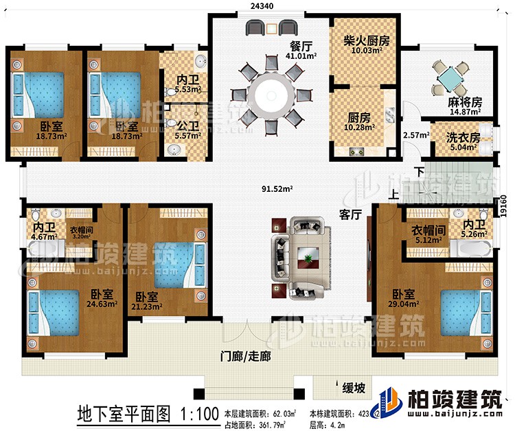 一層：門(mén)廊/走廊、緩坡、客廳、餐廳、廚房、柴火廚房、洗衣房、麻將房、3內(nèi)衛(wèi)、公衛(wèi)、2衣帽間、5臥室