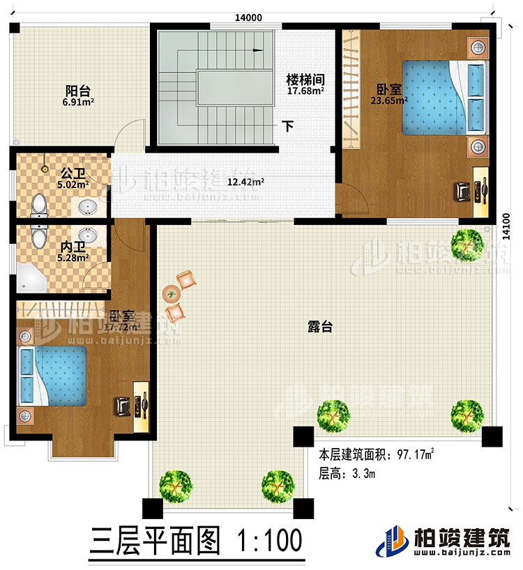 三層：2臥室、樓梯間、公衛(wèi)、內(nèi)衛(wèi)、陽臺、露臺