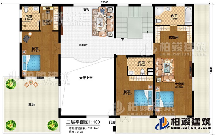 二層：客廳，大套間帶內(nèi)衛(wèi)和衣帽間，單間帶內(nèi)衛(wèi)，中套間帶內(nèi)衛(wèi)和衣帽間，2露臺，樓梯