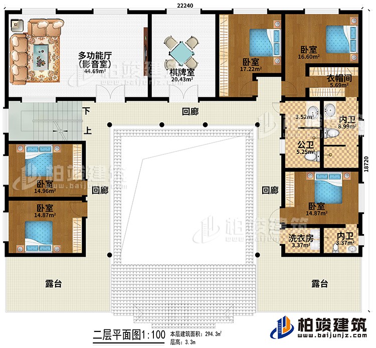 二層：多功能廳（影音室）、棋牌室、5臥室、衣帽間、公衛(wèi)、2內(nèi)衛(wèi)、洗衣房、3回廊、2露臺