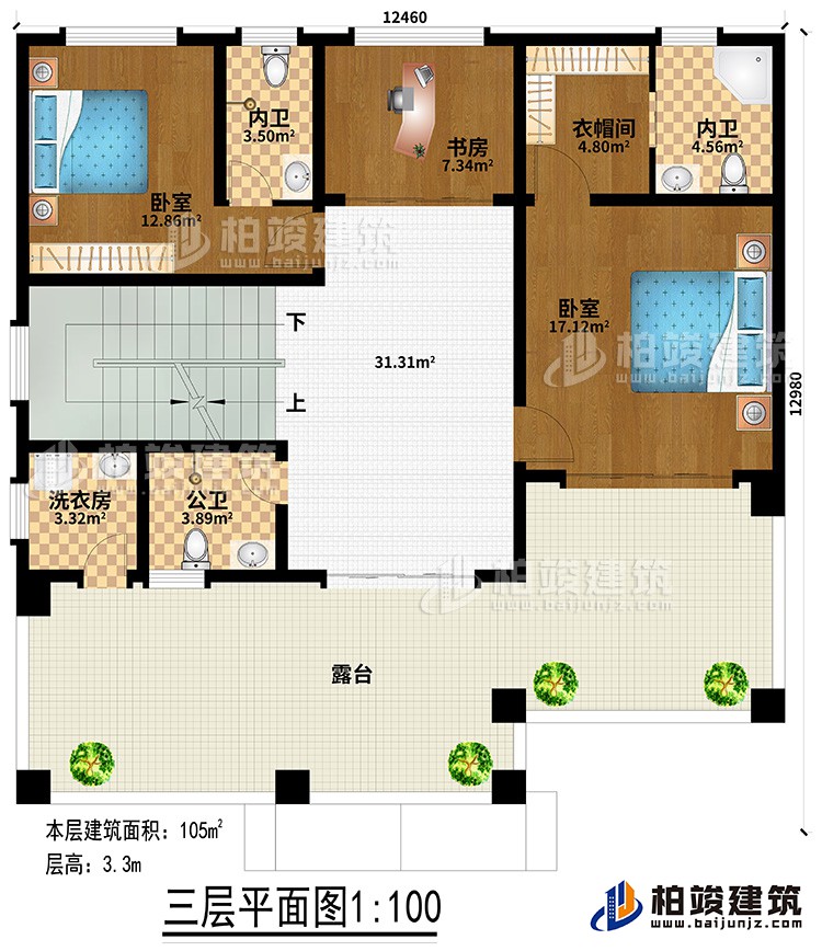三層：2臥室、衣帽間、書房、2內(nèi)衛(wèi)、公衛(wèi)、洗衣房、露臺(tái)