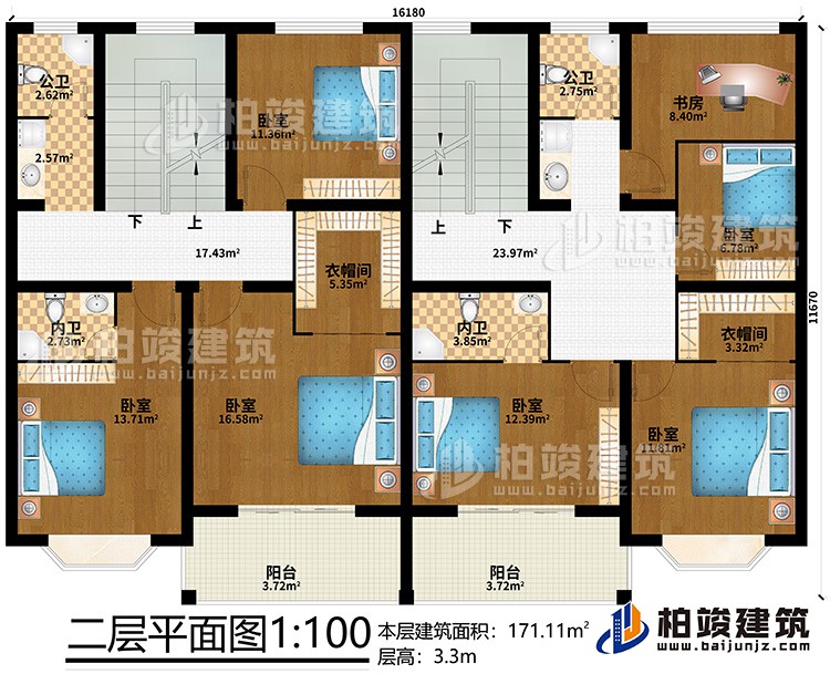 二層：2衣帽間、2內(nèi)衛(wèi)、2公衛(wèi)、書房、6臥室、2陽臺