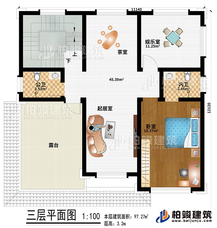 三層：起居室、茶室、娛樂(lè)室、公衛(wèi)、內(nèi)衛(wèi)、臥室、露臺(tái)