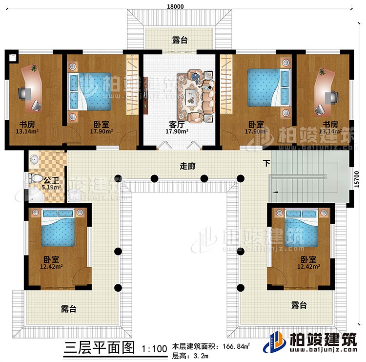 三層：走廊、3臥室、2書房、客廳、3露臺(tái)、公衛(wèi)