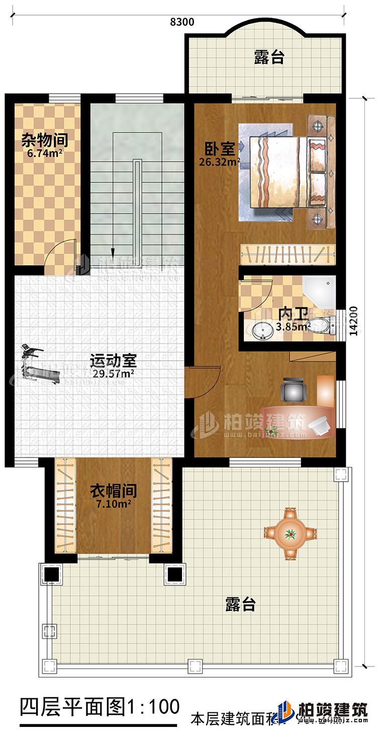 四層：臥室，內(nèi)衛(wèi)，運動室，雜物間，衣帽間，2露臺