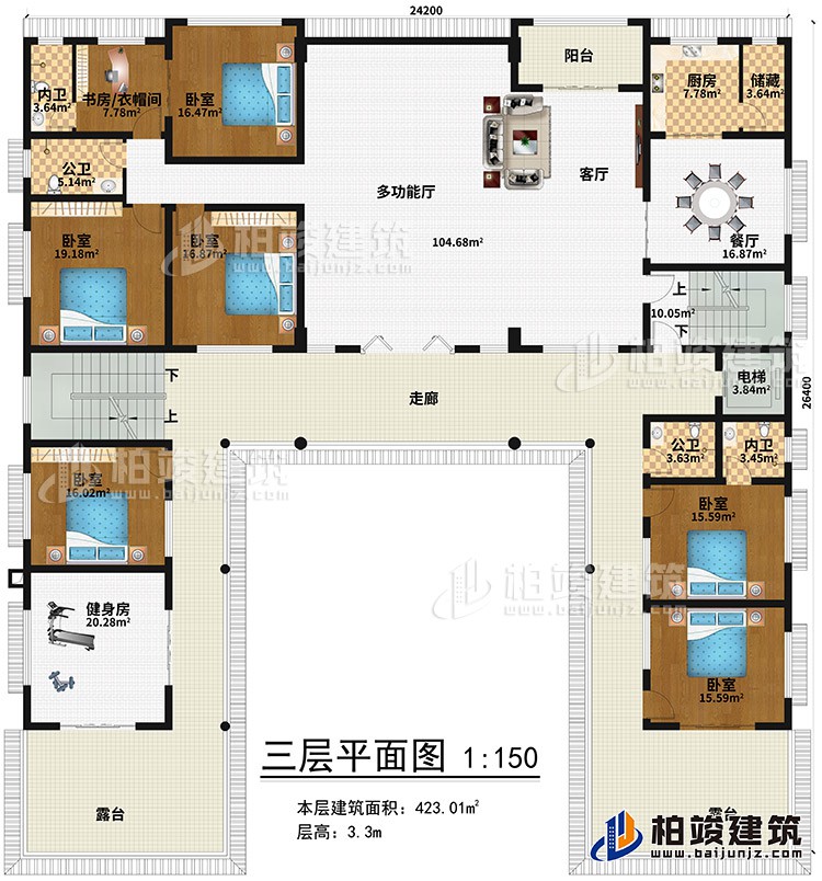 三層：健身房、6臥室、書房/衣帽間、2內(nèi)衛(wèi)、2公衛(wèi)、多功能廳、客廳、陽臺(tái)、餐廳、廚房、儲(chǔ)藏、電梯、2露臺(tái)