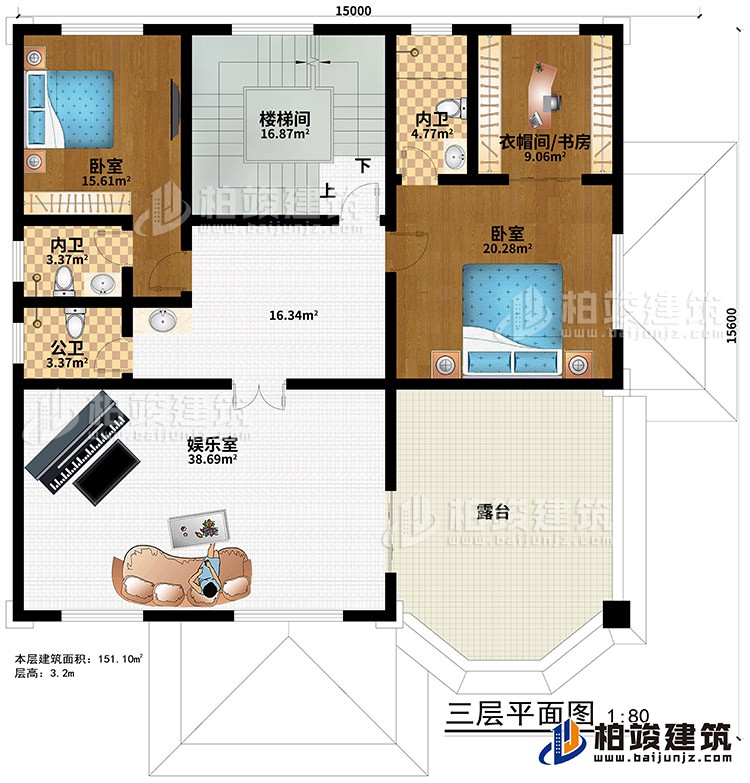 三層：樓梯間、娛樂(lè)室、2臥室、衣帽間/書(shū)房、2內(nèi)衛(wèi)、公衛(wèi)、露臺(tái)