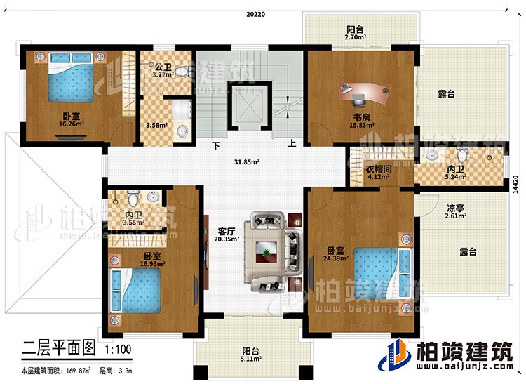 二層：3臥室、衣帽間、2內(nèi)衛(wèi)、公衛(wèi)、客廳、書房、衣帽間、2陽臺、2露臺、涼亭