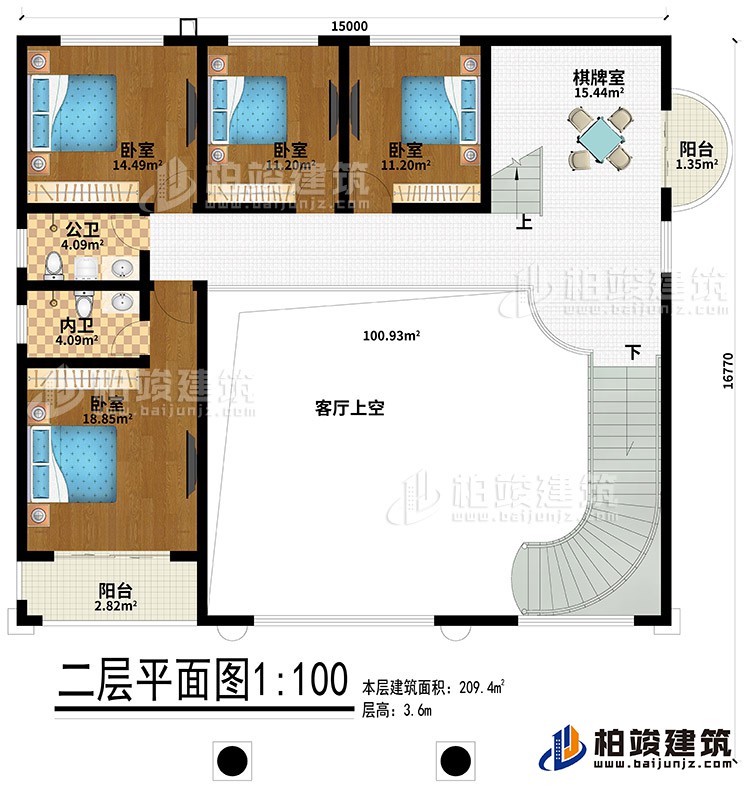 二層：4臥室、公衛(wèi)、內(nèi)衛(wèi)、棋牌室、2陽臺(tái)、客廳上空