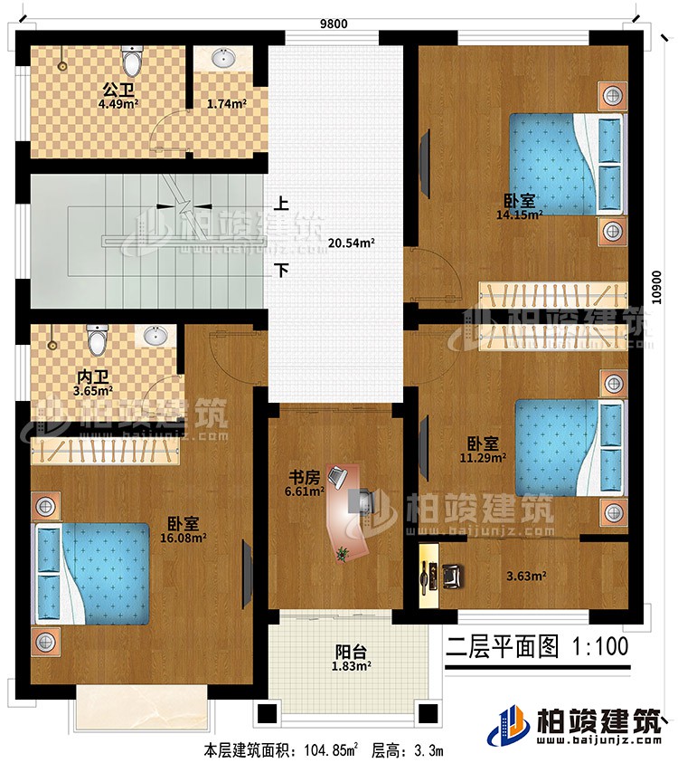 二層：3臥室、公衛(wèi)、內(nèi)衛(wèi)、書房、陽臺