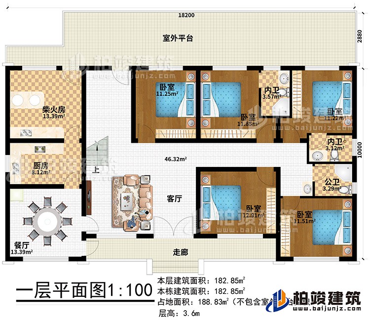 一層：走廊、客廳、餐廳、廚房、柴火房、室外平臺(tái)、5臥室、2內(nèi)衛(wèi)、公衛(wèi)
