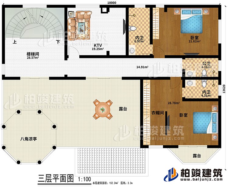 三層：樓梯間、KTV、2臥室、衣帽間、2內(nèi)衛(wèi)、公衛(wèi)、2露臺(tái)、八角涼亭