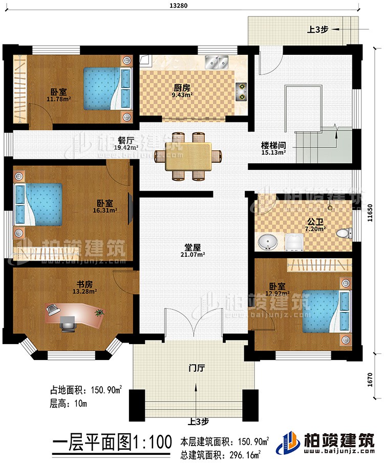 一層：門廳、堂屋、餐廳、廚房、樓梯間、3臥室、書房、公衛(wèi)
