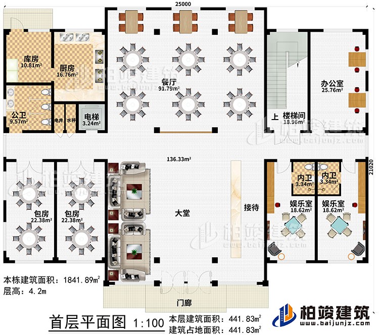 一層：門廊、大堂、接待、2娛樂室、2內(nèi)衛(wèi)、辦公室、樓梯間、餐廳、電梯、電井、水井、廚房、庫(kù)房、公衛(wèi)、2包房