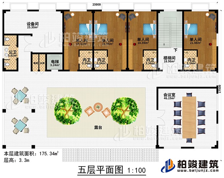 五層：樓梯間、過道、電梯、水井、電井、4單人間、4內(nèi)衛(wèi)、公衛(wèi)、露臺(tái)、會(huì)議