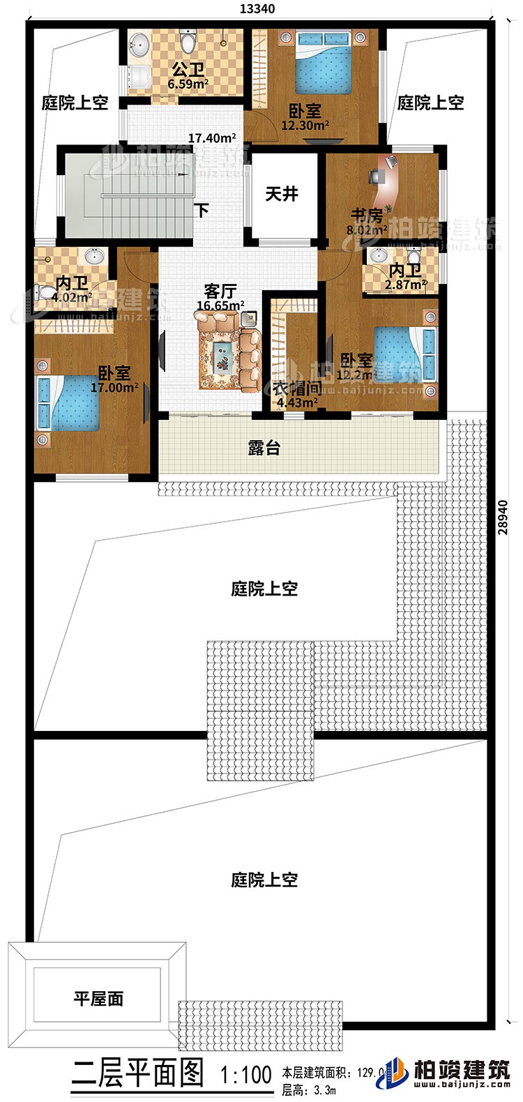 二層：平屋面、4庭院上空、3臥室、客廳、天井、衣帽間、書房、公衛(wèi)、2內(nèi)衛(wèi)