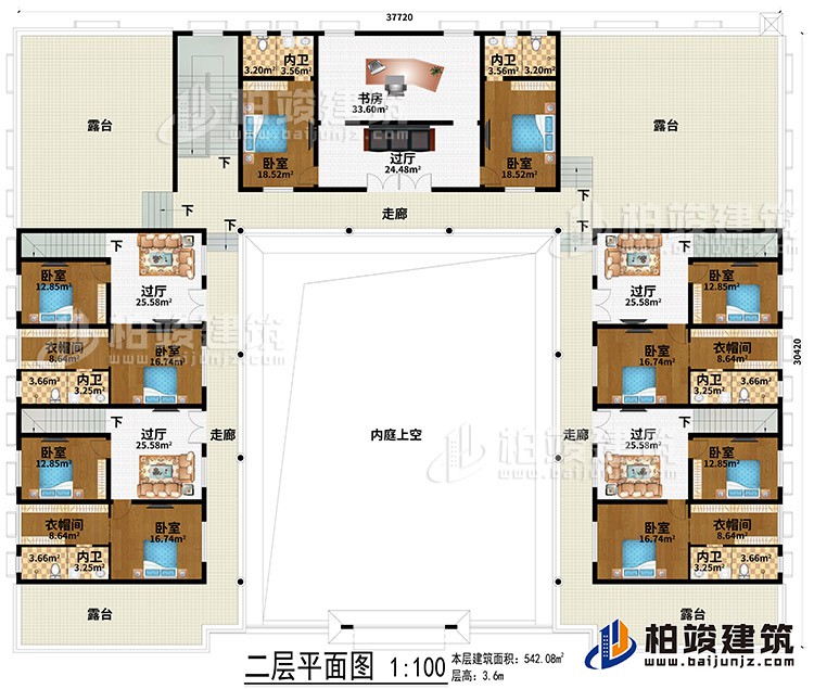 二層：內(nèi)庭上空、5過廳、書房、3走廊、4露臺、10臥室、4衣帽間、6內(nèi)衛(wèi)