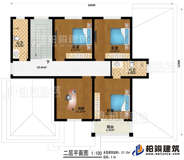 二層：3臥室、書(shū)房、公衛(wèi)、內(nèi)衛(wèi)、陽(yáng)臺(tái)