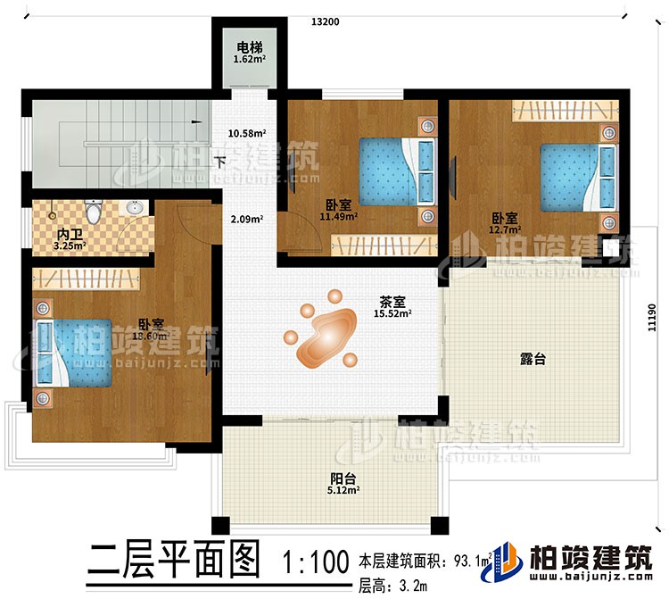 二層：3臥室、茶室、內(nèi)衛(wèi)、電梯、露臺(tái)、陽(yáng)臺(tái)