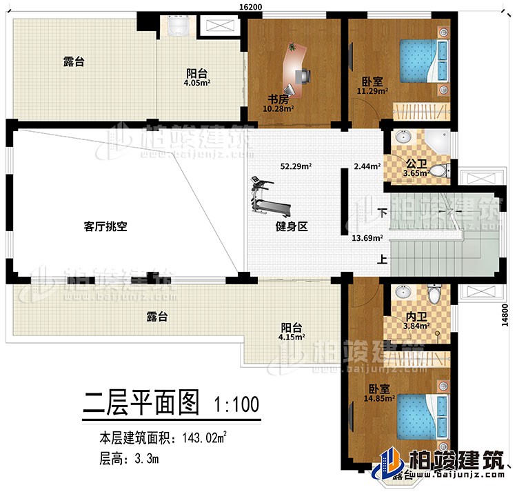 二層：健身區(qū)、客廳挑空、書房、2臥室、公衛(wèi)、內衛(wèi)、2陽臺、3露臺