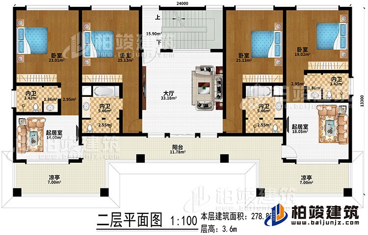 二層：大廳、2起居室、4臥室、4內(nèi)衛(wèi)、陽(yáng)臺(tái)、2涼亭