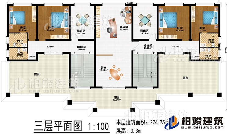 三層：辦公區(qū)、茶室、2樓梯間、2娛樂區(qū)、4臥室、2公衛(wèi)、2內(nèi)衛(wèi)、2露臺(tái)