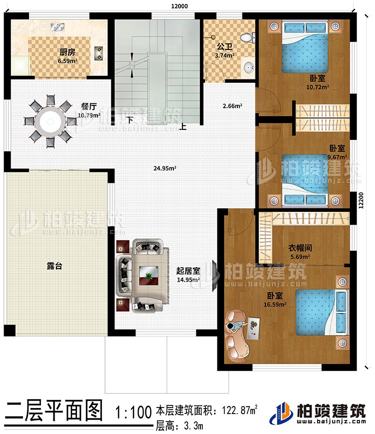 二層：起居室、餐廳、廚房、公衛(wèi)、3臥室、衣帽間、露臺