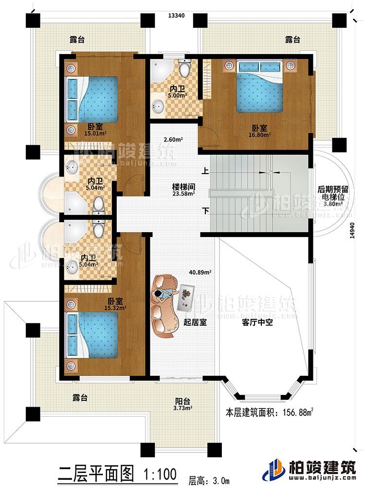 二層：起居室、客廳中空、樓梯間、3臥室、3內(nèi)衛(wèi)、陽(yáng)臺(tái)、3露臺(tái)、后期預(yù)留電梯位
